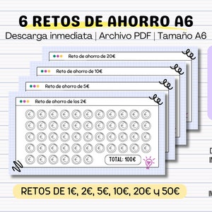 6 Retos de Ahorro Imprimibles | Pack de 6 Desafíos de Ahorro en Euros | Podrás ahorrar desde 50 euros hasta 2500 | Español | PDF Imprimible