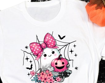 Cute Ghost Pink Bow Shirt, Coquette Halloween Shirt, Floral Ghost Pumpkin Tee, Girly Spooky Season Shirt, Halloween Gift for Her