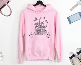 Mushroom Butterfly Hoodie, Boho Botanical Sweatshirt, Whimsical Fairycore Pullover, Cottagecore Gift for Nature Lovers