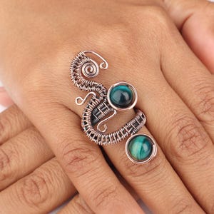 Natural Blue Star Tiger Eye Gemstone Copper Ring | Copper Wire Wrapped Ring
