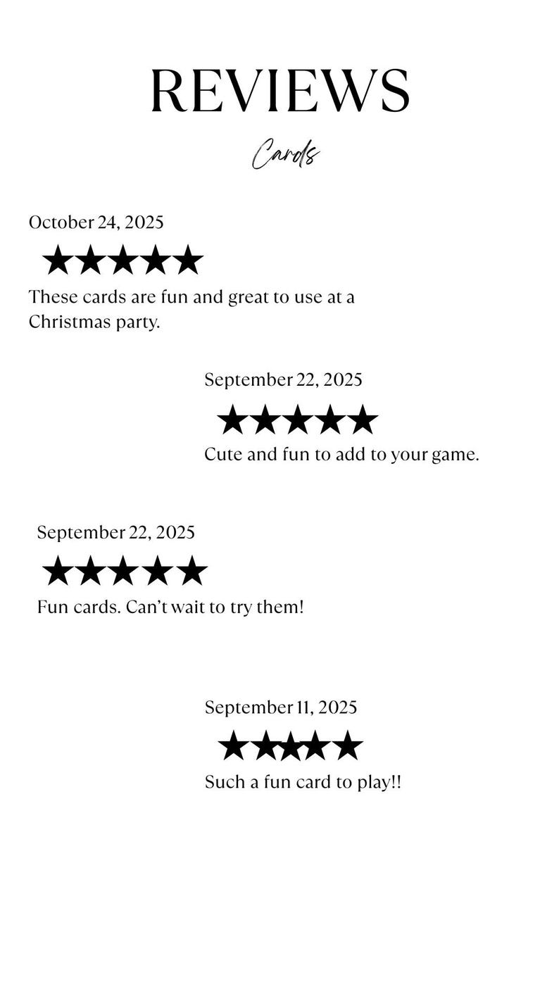 Op de afbeelding: Witte achtergrond met het woord "REVIEWS" in een vetgedrukte, zwarte letter en "Cards" in een scriptlettertype. Klantenrecensies met data en sterrenbeoordelingen worden weergegeven, met opmerkingen als "leuk en geweldig om te gebruiken" en "leuk om aan je spel toe te voegen".