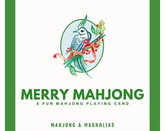 May include: Square card with a green border and white background. The card features a watercolour illustration of a bird perched on a branch with red berries and ribbons. Text reads "MERRY MAHJONG" and "A FUN MAHJONG PLAYING CARD".