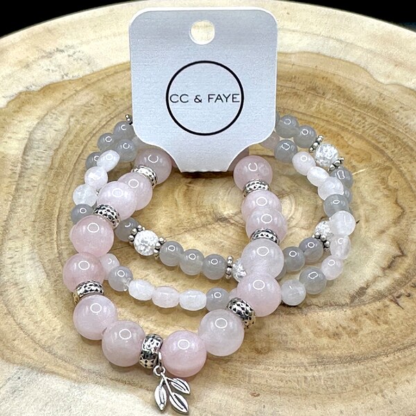Semi-Precious Stone Bracelet Set | Light Pink/Grey/Silver | 005