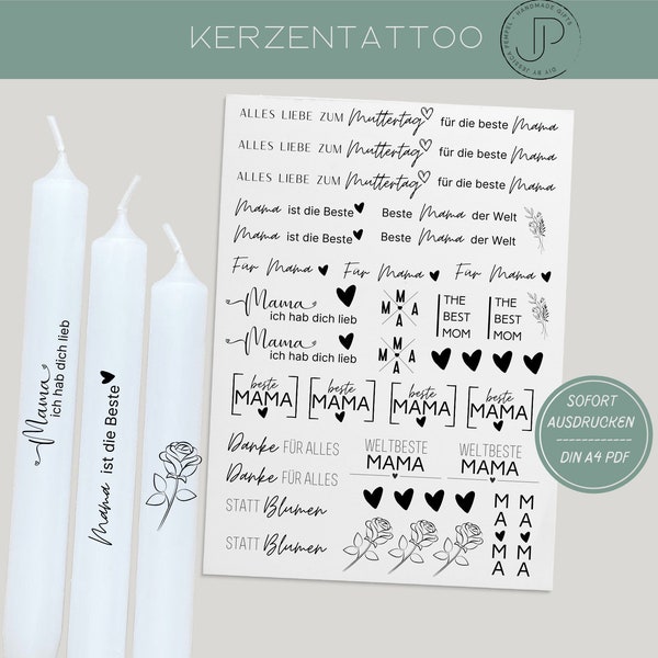 Muttertag Kerzentattoo | PDF Vorlage Kerzentattoo | digitaler Download I Muttertag Stabkerzen | Kerzen Dekorieren | Mama | Muttertag