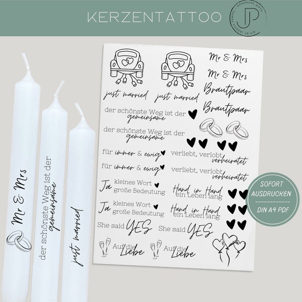 Wedding candle tattoos | PDF template for candles water slide film I wedding stick candles | Decorate candles | To print