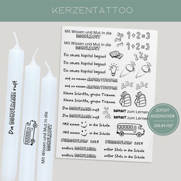 Candle tattoos school enrollment | PDF template for candles water slide film I school enrollment stick candles | Decorate candles | To print