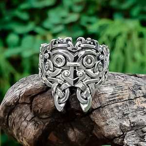 Odin with ravens and valknut ring. Handcrafted sterling silver Odin ring. Viking Jewelry Gifts.