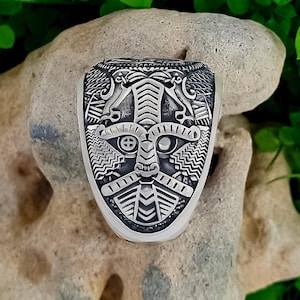 Sterling Silver Odin Mask Ring with Valknut, Vegvisir, Sleipnir, Helm of awe or Runes.