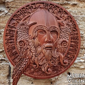Viking wandpaneel Odin met Ravens. Houten Odin Viking-decor. Viking-houtwerk noors houtsnijwerk.