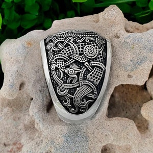 Sterling Silver Mammen Viking Ring with Valknut, Vegvisir, Sleipnir, Helm of awe or Runes