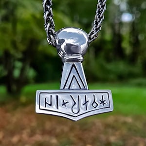 Runic mjolnir pendant replica from Kobelev. Handcrafted sterling silver Thor hammer necklace. Viking jewelry gifts.