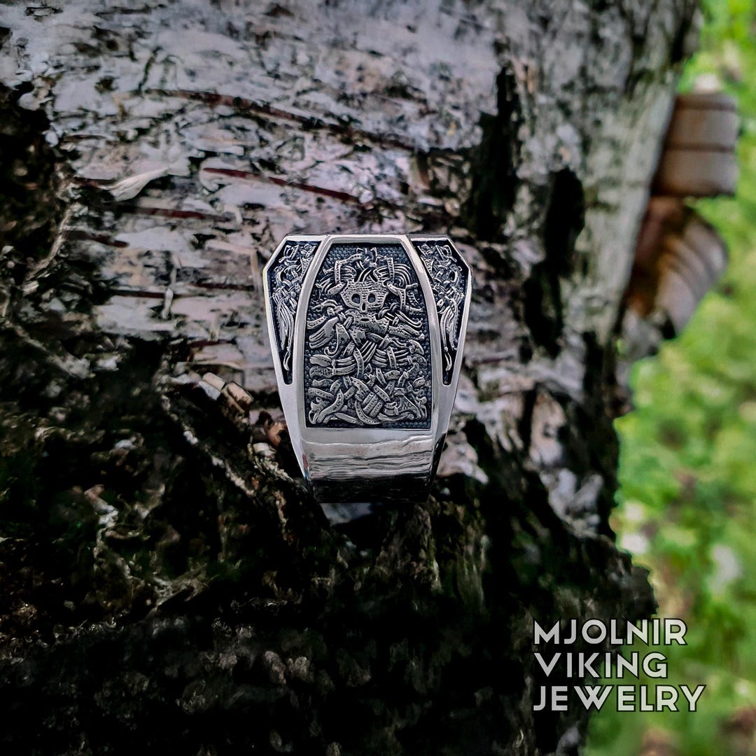Sterling Silver Loki Mask Viking Ring With Valknut, Vegvisir, Sleipnir ...