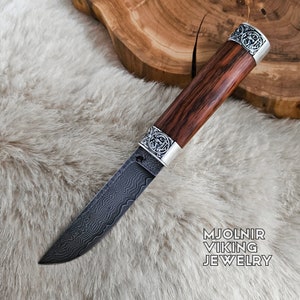 Damascus Steel Viking Knife With Sterling Silver Siegfried and Fafnir Rings