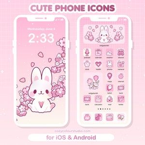 Pink Sakura Bunny Phone Theme iOS / Android Theme / Phone App Icon Pack / Kawaii Aesthetic App Phone Theme / Cherry Blossom App Icons