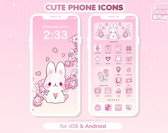 Pink Sakura Bunny Phone Theme iOS / Android Theme / Phone App Icon Pack / Kawaii Aesthetic App Phone Theme / Cherry Blossom App Icons