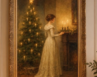 Victorian Christmas Art Printable, Lady by Christmas Tree, Vintage Christmas Wall Art Download