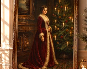 Victorian Christmas Art Printable, Lady in Burgundy by Christmas Tree, Vintage Christmas Wall Art Download