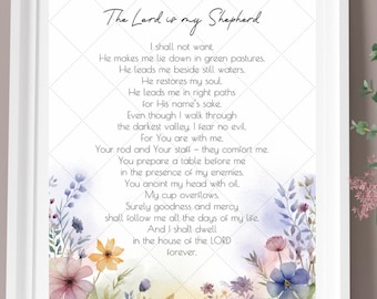 Lámina decorativa imprimible del Salmo 23, póster con el versículo bíblico "El Señor es mi pastor", decoración floral cristiana para pared, arte bíblico, descarga instantánea.