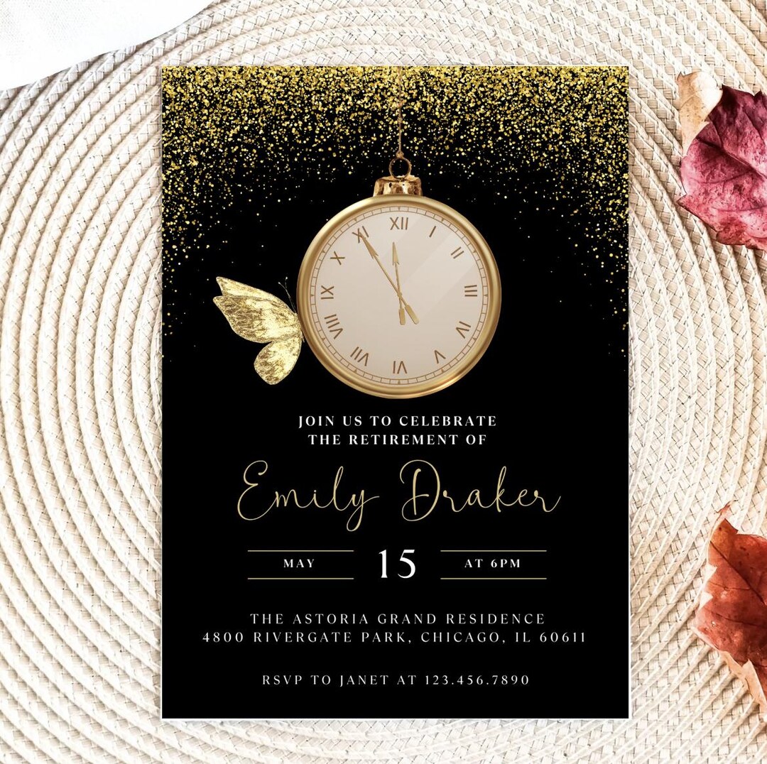 Elegant Gold Clock & Butterfly Retirement Party Invitation Template ...