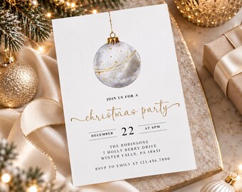 Christmas Party Invitation Template, Editable Christmas Invite, Printable Holiday Party Invitation, Gold Sparkle Canva Template