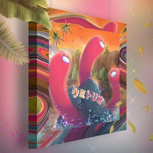 Könnte beinhalten: Ein lebendiger Leinwanddruck mit einer Cartoon-Illustration von drei rosa, wurmartigen Kreaturen mit weißen Augen, vor einer farbenfrohen tropischen Landschaft. Der japanische Text "ウミトリオ" ist auf einem dunklen Felsen zu sehen. Die Leinwand ist 20x20 cm groß.