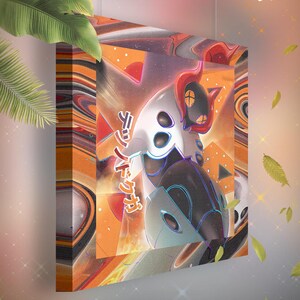 Könnte beinhalten: Gerahmtes Kunstwerk mit einer stilisierten, futuristischen Kreatur mit weißem und schwarzem Körper, roten Akzenten und japanischem Text. Das Kunstwerk ist vor einem orange-gelben Hintergrund mit geometrischen Formen. Der Rahmen hat einen Marmoreffekt.