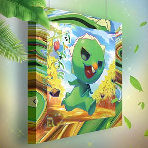 Könnte beinhalten: Leinwanddruck mit einer lebendigen Cartoonfigur in einer Waldszene. Die Figur ist grün mit einem weißen, stacheligen Kopf und einem orangefarbenen Schnabel. Der Hintergrund umfasst Bäume, blauen Himmel und japanischen Text. Die Leinwand misst 20x20 cm.
