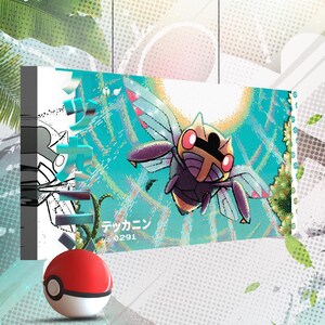 Pode incluir: Impressão em tela com uma ilustração colorida de um personagem Pokémon, com o texto japonês "テッカニン" e o número "0291". Uma Poké Bola vermelha e branca em primeiro plano. A tela mede aproximadamente 40 x 20 cm. A imagem inclui o texto "Begin the collection now".