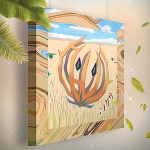 Könnte beinhalten: Gerahmter Leinwandkunstdruck mit einem abstrakten orange-braunen Design vor einer Strandszene. Das Kunstwerk enthält japanischen Text und wird mit einem Holzrahmen präsentiert, der 20x20 cm misst.