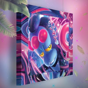 Könnte beinhalten: Ein digitaler Kunstdruck mit einem blauen und pinken Comic-Charakter mit großen Augen und einem verschmitzten Grinsen. Der Charakter ist umgeben von wirbelnden Linien und Mustern in Pink-, Blau- und Lilatönen. Der Text "マシマシラ" ist in der oberen rechten Ecke des Drucks sichtbar. Der Druck ist in verschiedenen Größen erhältlich.