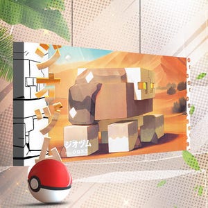 May include: A canvas print featuring a stylized, geometric illustration of a Pokémon character in a desert landscape. The artwork includes Japanese text and the number 0933. A red and white Poké Ball is in the foreground. The canvas is approximately 16x8 inches.