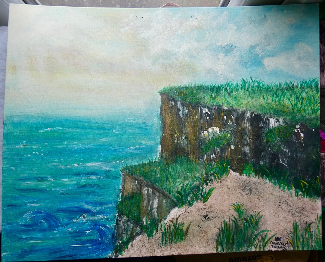 Original Cliff Sea Acrylic Painting on Canvas, Large Landscape Wall Art ...