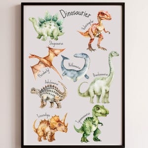 Póster de dinosaurio, decoración de habitación infantil, póster de pared, póster, impresión digital, DIN A4, acuarela, póster de aprendizaje