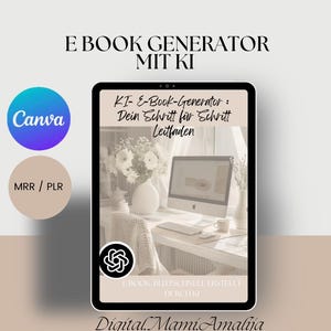 Könnte beinhalten: Ein digitales Tablet zeigt den Text "E BOOK GENERATOR MIT KI" und "KI-E-Book-Generator: Dein Schritt für Schritt Leitfaden". Das Bild enthält das Canva-Logo und den Text "MRR / PLR". Der untere Teil des Bildes enthält den Text "Digital. Mami. Amalija".
