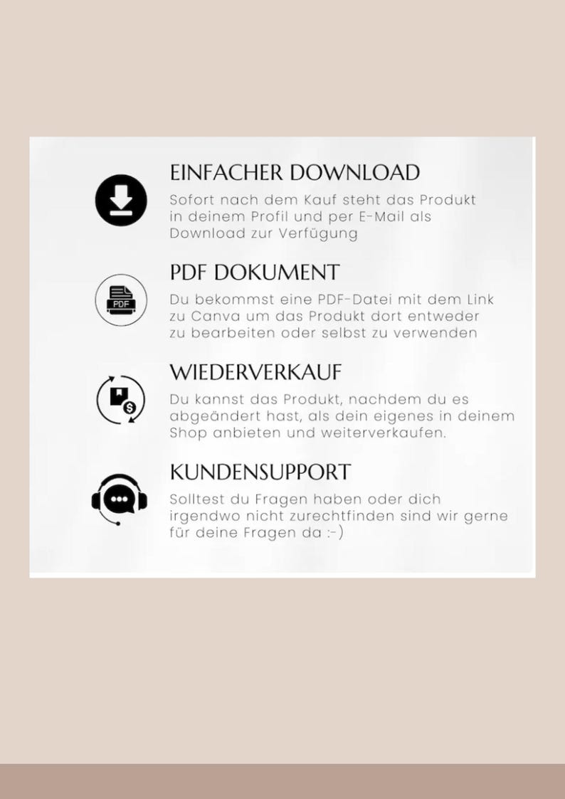 May include: A graphic with four icons and text describing the download, PDF document, resale, and customer support options for a digital product. The text reads: "Einfacher Download", "PDF Dokument", "Wiederverkauf", and "Kundensupport".