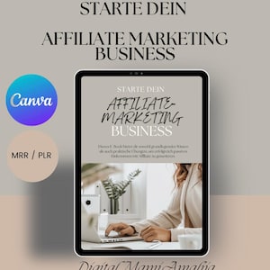 Könnte beinhalten: Ein digitaler Tablet-Bildschirm zeigt eine Grafik mit dem Text "STARTE DEIN AFFILIATE MARKETING BUSINESS" in deutscher Sprache. Der Text "Dieses E Book bietet dir sowohl grundlegendes Wissen als auch praktische Übungen, um erfolgreich passives Einkommen mit Affiliate zu generieren" wird ebenfalls auf dem Bildschirm angezeigt. Der Text "Digital. Mami. Amaliya" wird am unteren Bildschirmrand angezeigt.