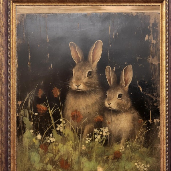 Antique Bunny Pair Print | Vintage Bunnies, Cottage Core, Nursery Art, Rustic, Digital Art