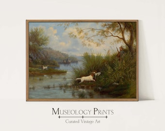 May include: A vintage oil painting depicting a hunting scene. A man with a gun stands in tall grass by a river, while a dog retrieves a bird. The painting has a warm, earthy color palette and a peaceful, serene atmosphere.