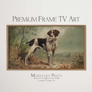 May include: A vintage illustration of a brown and white spotted dog standing in a grassy field. The dog is holding a bird in its mouth. The background is a hazy green and blue landscape.