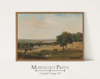 May include: A vintage painting depicting a hunting scene in a rural landscape. Two figures are shown in the foreground, one firing a gun, while a dog runs towards them. The background features a rolling green field, a distant village, and a blue sky with white clouds.