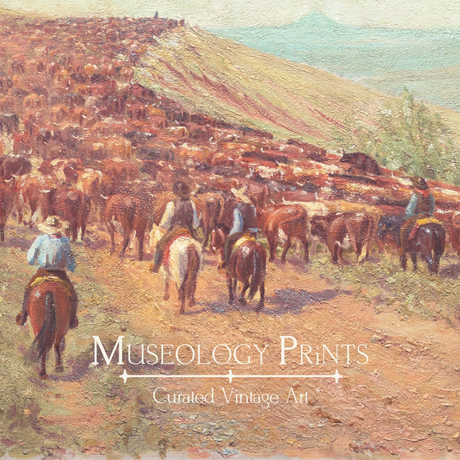 Western Ranching Graphics Driving Herd Vintage Cowboy Painting | Cattle Ranch Landscape Art ...