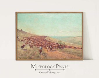 May include: A vintage painting depicting a large herd of cattle being driven across a dusty, brown path by cowboys on horseback. The scene is set against a backdrop of rolling hills and a clear blue sky.
