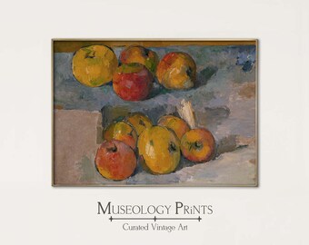 May include: A still life painting of a bowl of apples. The apples are a mix of red and yellow, and they are arranged in a casual, overlapping manner. The painting is done in a realistic style, with visible brushstrokes.
