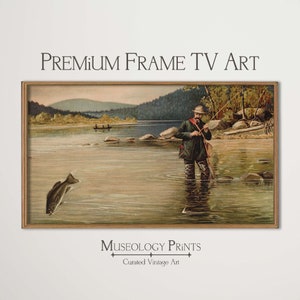 May include: A vintage illustration of a man fishing in a river. The man is standing in the water, holding a fishing rod. A fish is jumping out of the water behind him. The scene is set in a forest with trees and mountains in the background.