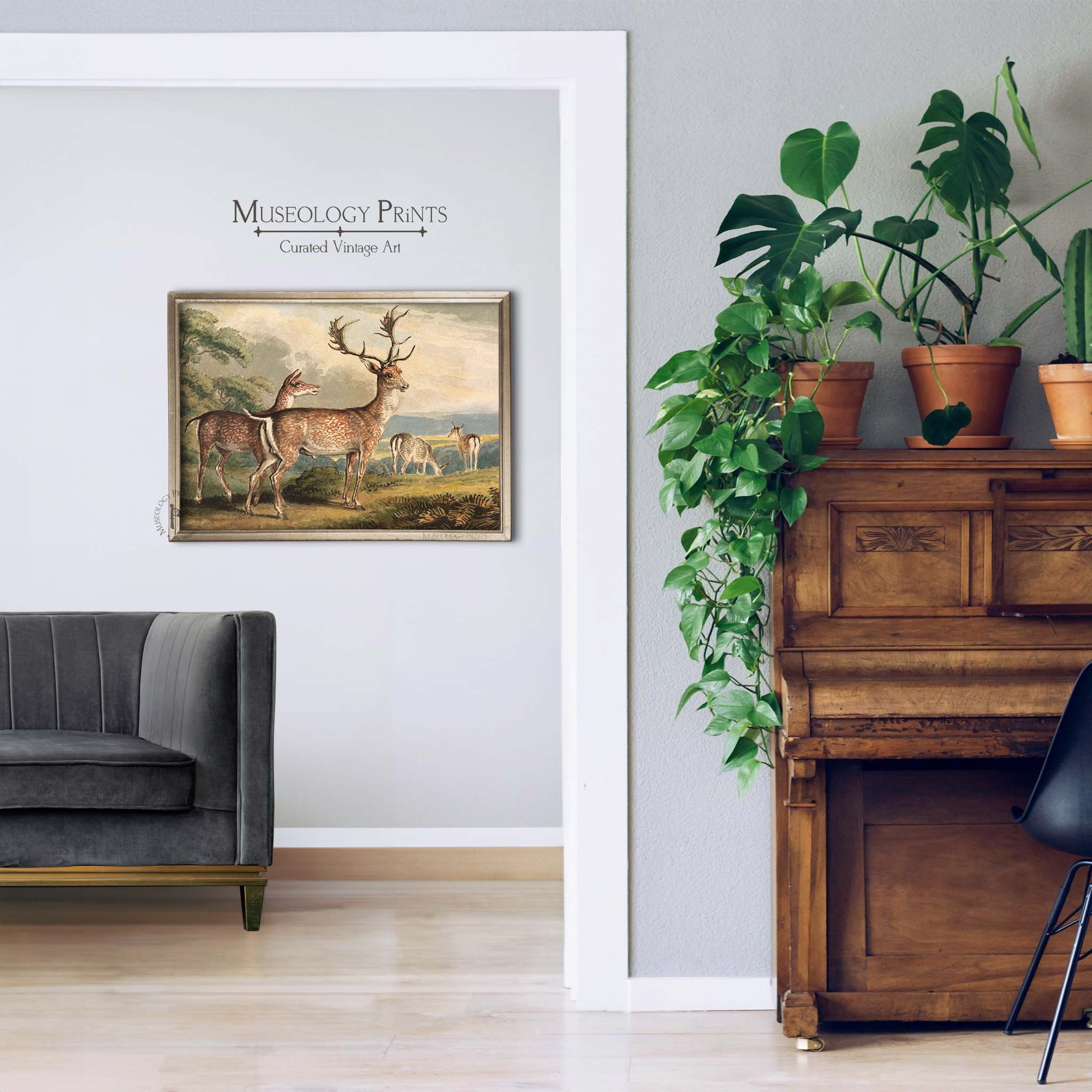 Stag, Doe & Fawns Vintage Painting | Antique Deer Art Print | Wildlife ...