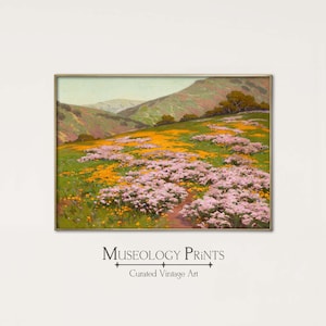 Vintage Mountain Meadow Flowers Landscape Painting | Field of Pink and Yellow Blooms Antique Art | PRINTABLE Instant Download| 104 Museology