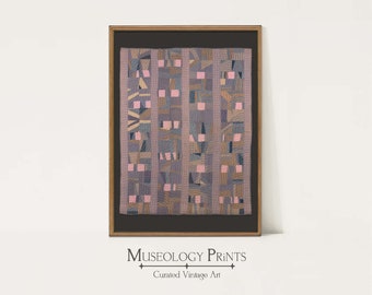 May include: A framed print of a vintage quilt with a geometric pattern in shades of pink, brown, and blue. The quilt is made up of small squares and rectangles, and the overall effect is one of abstract art.