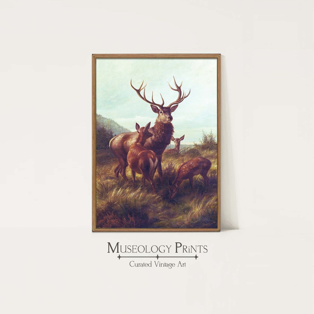 Stag and Doe Vintage Oil Painting | Antique Deer Art Print | Wildlife ...