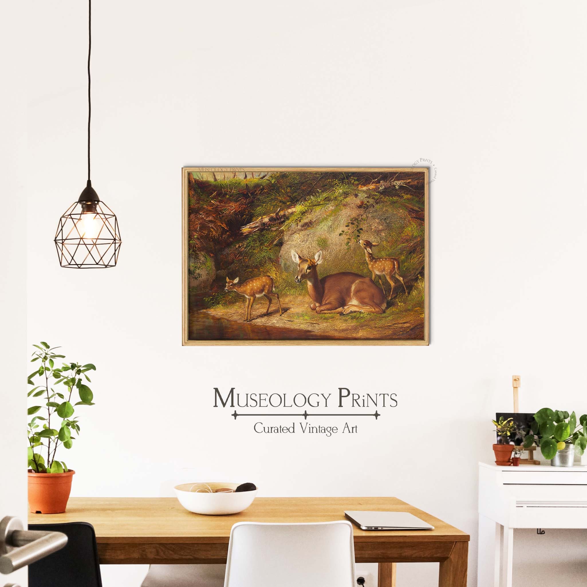 Doe and Fawns Vintage Oil Painting | Country and Farm Antique Deer ...