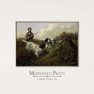May include: A vintage painting depicting a hunter with a shotgun and three hunting dogs in a field. The dogs are pointing at something in the distance, and the hunter is looking at them. The painting is set in a forest, and the sky is cloudy.